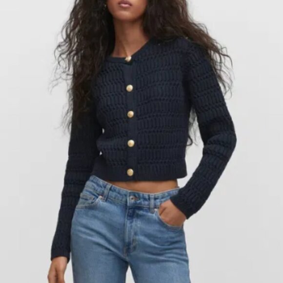 MANGO Knitted Cardigan With Jewel Button Old Money Women's Medium Open Knit - Picture 1 of 8